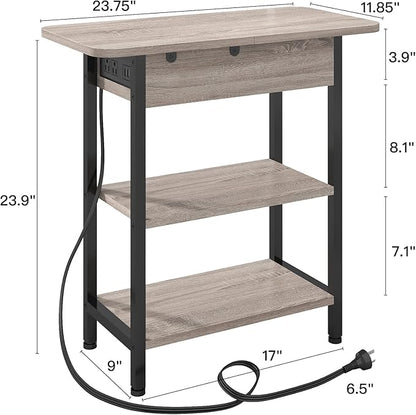 LIDYUK End Table with Charging Station, Set of 2 Flip Top Narrow Side Table for Small Spaces, Nightstands Set of 2 for Bedroom, End Tables Living Room with Storage Shelves, Greige