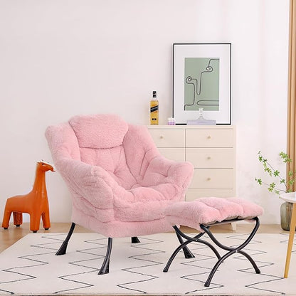 Lazy Chair with Ottoman, Modern Accent Chair Lounge Leisure Sofa Chair with Armrests, Reading Chair and Folding Footstool for Living Room, Bedroom, Office, Plush Pink