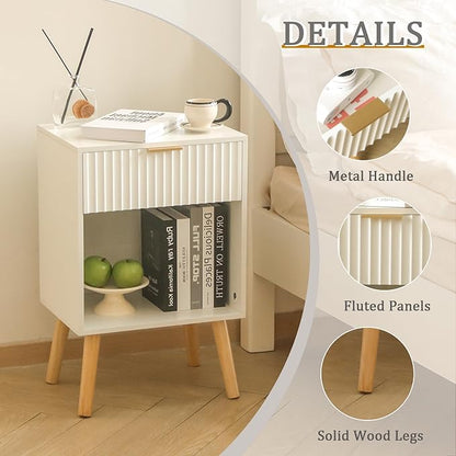 White Nightstand, Modern Bedside Table with Drawer and Opening Storage, Fluted End Side Table Living Room with Solid Wood Legs for Bedroom (White)