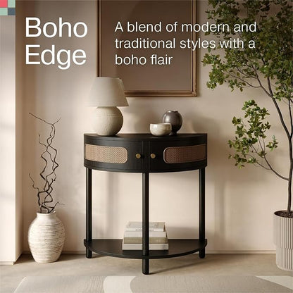 Entryway Table Rattan Half-Moon Console - Semicircular Black Oak & Natural Cane with Brass Knobs - Console Table with Storage & Narrow Curved Design for Entryway & Living Room Decor