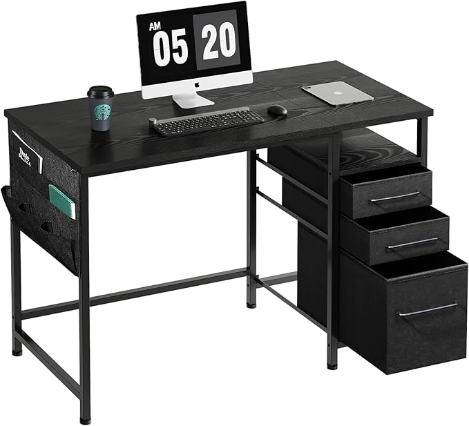 Ｍａｉｈａｉｌ Maihail Small Desk with Drawers, 40 inch Computer Desk with Shelves, Writing Desk with Storage, Small Office Desk with Metal Frame, Black