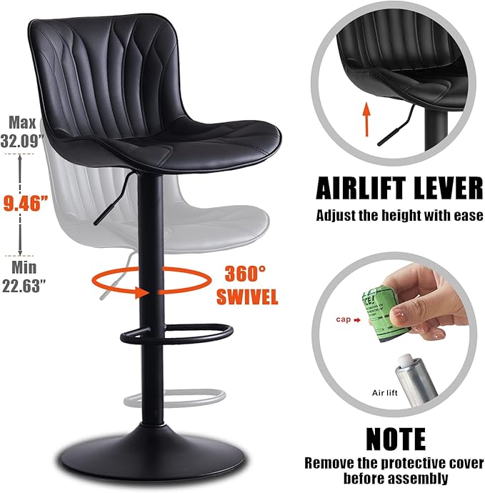 YOUNIKE Single Black Bar Stools Modern Swivel Counter Height Bar Chair with Back Adjustable Kitchen Island Faux Leather Padded Barstools taburetes de bar Breakfast sillas para barra de cocina 1PCS