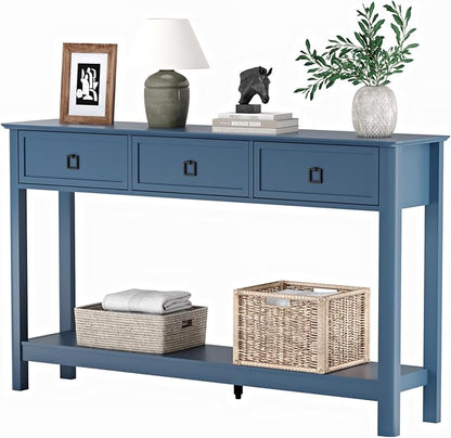 Treocho 53.1" Console Table with 3 Drawers, Modern Entryway Table, 2-Tier Narrow Long Sofa Table Behind Couch Table for Living Room, Hallway, Blue