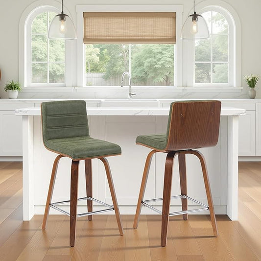 Armen Living Vienna Modern Swivel 26" Counter Height Barstool with Vintage Green Faux Leather and Walnut Wood Finish