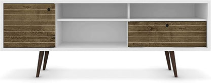 Manhattan Comfort Liberty Collection Mid Century Modern TV Stand With Three Shelves, One Cabinet and One Drawer With Splayed Legs, White/Wood, Large, Model:202AMC69