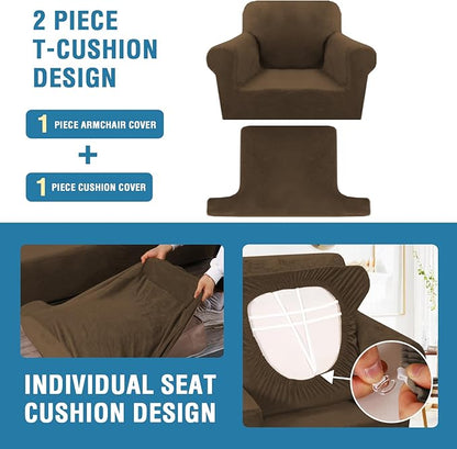 H.VERSAILTEX Sofa Cover 2 Piece T Cushion Armchair Slipcovers Thick Velvet Couch Cover Stretch T Cushion Sofa Covers for 1 Cushion Couch with 1 Individual T Cushion Covers, Bronze Brown