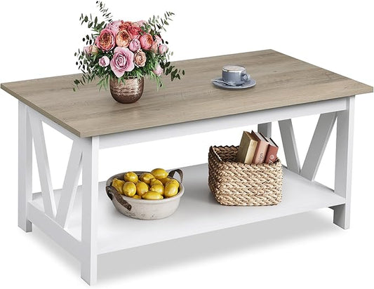 WLIVE Coffee Table with Storage Shelf, 39.4" Farmhouse Coffee Table with V-Frame Support, 2-Tier Wood Rustic Center Table for Living Room, Bedroom & Balcony, Greige & White