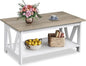 WLIVE Coffee Table with Storage Shelf, 39.4" Farmhouse Coffee Table with V-Frame Support, 2-Tier Wood Rustic Center Table for Living Room, Bedroom & Balcony, Greige & White
