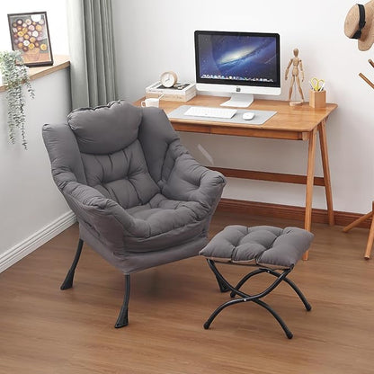 Lazy Chair and Ottoman, Large Accent Lounge Chair with Armrests and a Side Pocket, Modern Leisure Upholstered Sofa Reading Armchair with Footrest for Bedroom, Living Room, Dorm Rooms, Office