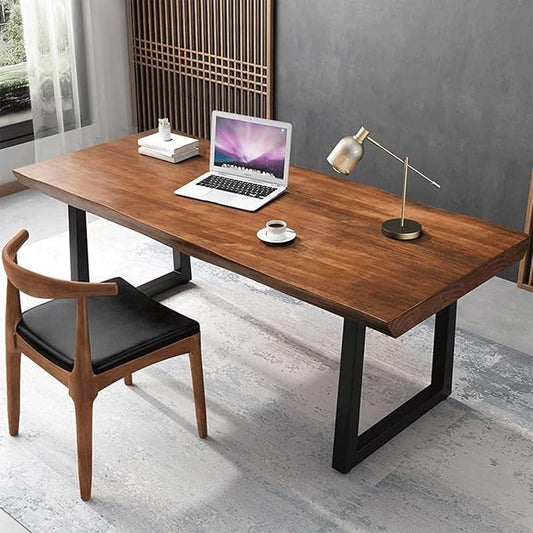 Modern Minimalist Solid Wood Office Desk with Metal Base Easy to Assemble Durable Writing Table Dining Table Computer Desk Multiple Ideal for Living Room and Dining Room (63inch)