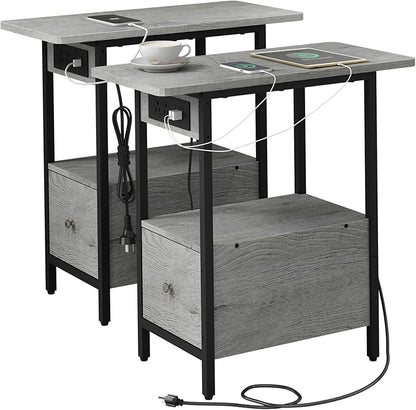 LIDYUK End Table with Charging Station, Narrow Side Table with Drawer and USB Ports & Power Outlets, Nightstand Bedside Tables for Small Spaces, Bedroom, Living Room, Light Grey, Set of 2