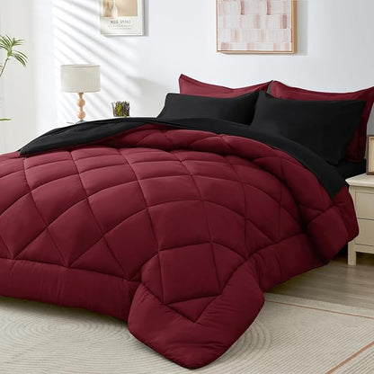 HEVUMYI Red & Black Queen Comforter Set - 7-Piece All Season Burgundy Bed in a Bag Queen, Ultra Soft Bedding Set with Comforter, Flat Sheet, Fitted Sheet, Pillowcases, Pillow Shams, Burgundy
