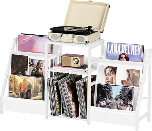 LELELINKY Record Player Table,Turntable Shelf with Vinyl Storage Up to 180 Albums,White Side Table with 3 Tier Magazine Periodical Book Rack,Wide Metal Record Holder Cabinet for Office, Music Room