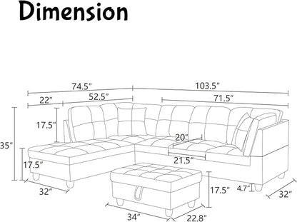 Modern Living Room Furniture Sets with Pillows, Modular Sectional Couches with Chaise Lounge, 4-Seaters L Shape Sofa with Storage Ottoman, for Living Room, Brown