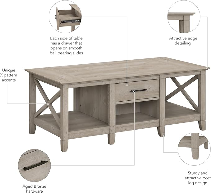 Bush Furniture Key West Coffee Table with Storage in Washed Gray