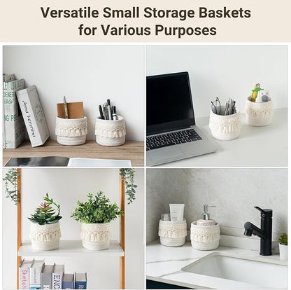 Mkono Macrame Makeup Brush Holder Organizer Comb Brushes Mini Storage Basket Set of 2 Boho Decor Baskets for Pen Pencil Box Container ,Ivory