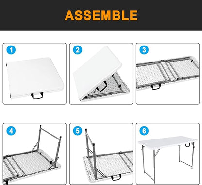 2-PCS 48" W x 24" D x 29.5" H - 4FT White Folding Table Heavy Duty Portable, Plastic Folding Utility Folding Table for Camping, Picnics & Parties
