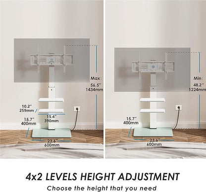 FITUEYES Floor TV Stand for 32-75 inch TV with Power Outlet, Tall TV Mount for Bedroom Living Room with Tempered Glass Base, TV Stand with Mount Holds Up to 88lbs MAX VESA 600x400mm,White