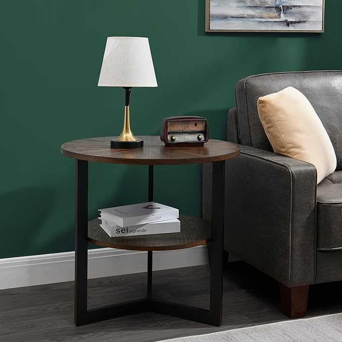 LEEMTORIG Round Side Table, Large 2-Tier End Table Nightstand with Metal Legs, Modern Bedside Couch Table for Living Room, Bedroom, Office, Rustic Brown/Black, 25.2 x 25.2 x 24 inches CJZ-1338-NC