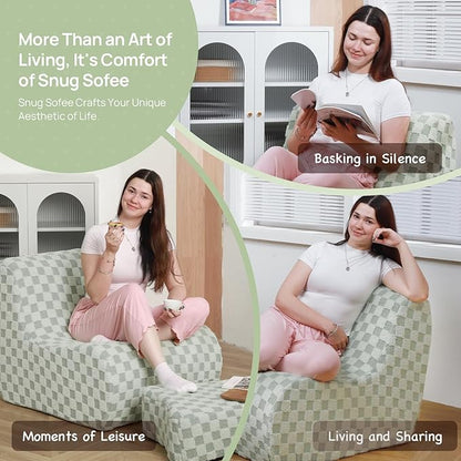 Giant Bean Bag Chair for Adults with Ottoman, Teddy Fabric Beanbag Chair with Memory Foam Filled,Plush Lazy Floor Sofa with Footstool Couch for Living Room,Bedroom,Dorm, Apartment, Green