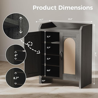 Shoe Cabinet Storage for Entryway, Natural Rattan Shoes Cupboard, Wooden Shoe Rack with Doors and Shelves, Farmhouse Boho Wood Shoe Organizer Cabinet for Hallway Black
