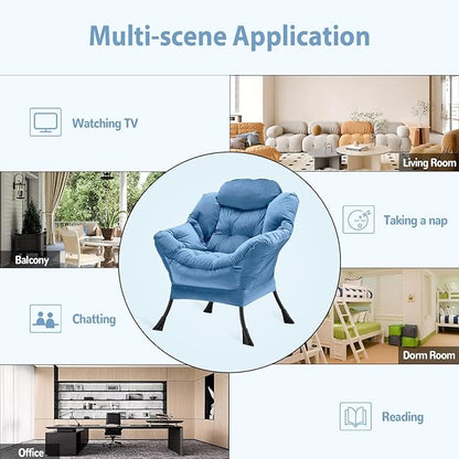 Lazy Chair Thick Padded, Comfy Velvet Accent Lounge Chair with Stable Frame, Leisure Sofa Armchair with Armrests and Side Pocket, Reading Chair for Bedroom, Living Room, Office, Light Blue