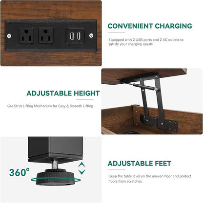 YITAHOME 4-in-1 Lift Top Coffee Table with RGB Light & Dual Tops, Multi-Function Table with Power Outlets, Storage, Converts to Dining Table Computer Desk Gaming Hub, Living Room, Home Office, Brown
