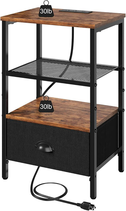 Sthmec Nightstands with Charging Station, LED Bedside Tables with Charging Station and Fabric Drawer, Night Stand with Storage, 3 Tier Side Table with Open Shelf,Nightstand Bedside Table,Rustic Brown