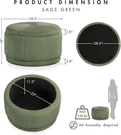 Furniture of America Lennox Modern Chenille 29-inch Round Storage Ottoman with Flip Top, Upholstered Footstool, Circle Coffee Table for Living Room, Bedroom, Entryway, Green