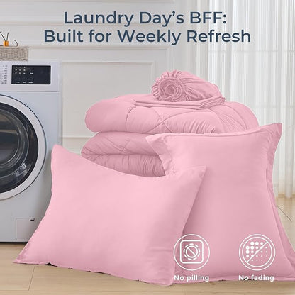 HEVUMYI Pink Twin Comforter Set - 5-Piece All Season Bed in a Bag Twin, Ultra Soft Bedding Set with Comforter, Flat Sheet, Fitted Sheet, Pillowcases, Pillow Shams, Pink