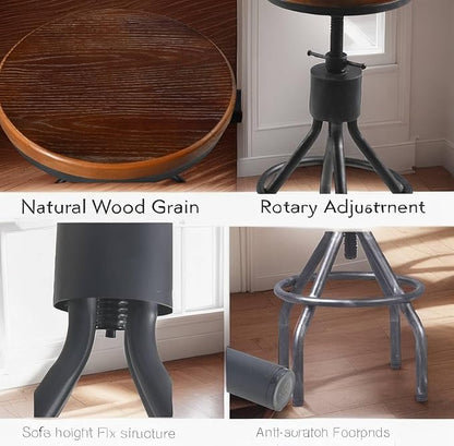 Diwhy Industrial Vintage Bar Stool, Kitchen Counter Height Adjustable Pipe Chair, Cast Iron Stool, Swivel Bar Stool with Backrest, Silver, Fully Welded Set of 2 Brown Wood Seat