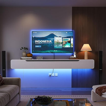 Fully-Assembled Floating TV Stand with Drawers, 55IN High Gloss Wall Mounted Entertainment Center, Modern Media Console with Storage, Under TV Shelf for Bedroom Living Room White