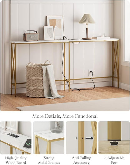Masupu 70.9" Console Table with Power Outlet, Modern Narrow Long Sofa Table Behind Couch, Skinny Entry Table, Industrial Sofa Table with Metal Frame for Hallway, Living Room, Marble White