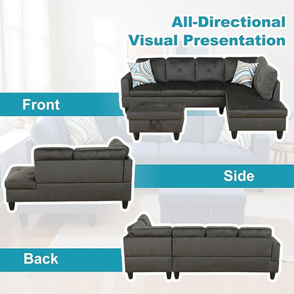 Couches for Living Room Modern L Shaped Couch Comfy Flannel Fabric 3 Pieces Sectional Sofa with Chaise, Ottoman with Storage for Office and Small Apartment, Grey