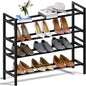 Haddockway Bamboo Shoe Rack for Closet, Free Standing Shoe Organizer with Smooth Round Rods & Convenient Handles, Stackable Shoe Storage Shelf for Entryway, Hallway(Black, 4-Tier)