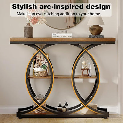 GiftGo Narrow Console Table for Entryway Industrial 3-Tier Sofa Table Behind Couch with Circle Base Wooden Accent Wall Tables with Storage Shelves for Living Room, Hallway, Foyer (Rustic Brown)