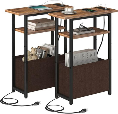Narrow Side Table with Charging Station Set of 2, Small End Table for Small Spaces, Skinny Nightstands Set 2 with Storage Basket,Sofa Bedside Tables for Living Room,Bedroom, Rustic Brown