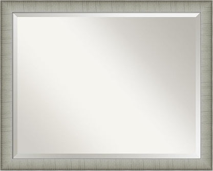 Amanti Art Silver Bathroom Mirror for Over Sink, 25x31 Elegant Brushed Pewter Narrow Rectangle Vanity Mirror, Large Casual Frame, Hangs Horizonally and Vertically, Bathroom Wall Decor, Beveled Edge