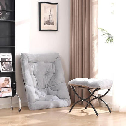 Comfy Saucer Chair with Ottoman, Oversized Folding Faux Fur Chair Soft Furry Lounge Lazy Chair with Metal Frame Moon Chair Accent Chair for Bedroom, Living Room, Dorm Rooms, Grey