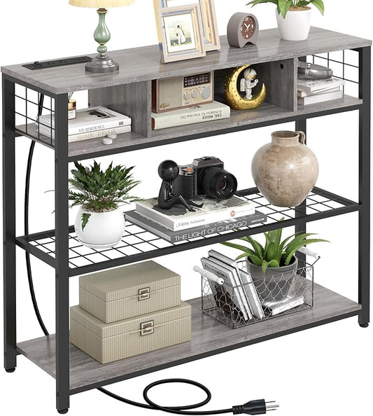 Narrow Entryway Console Table with Storage, Drawer and Charging Station - Behind Couch Table with Outlet and USB Ports for Living Room Foyer, Grey