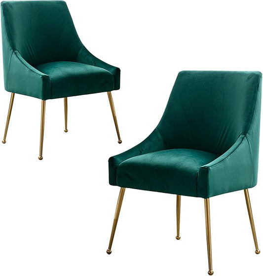 Modern Velvet Dining Chairs Set of 2, Contemporary Upholstered Furniture Collection with Polished Gold Metal Legs, Elegant Accent Chairs for Kitchen Living Room(Green)