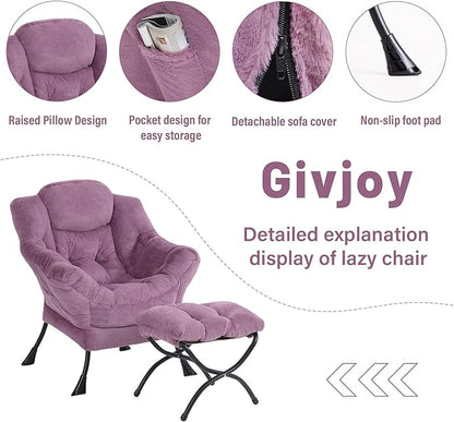 Plush Lazy Chair and Ottoman, Large Contemporary Accent Lounge Chair with Armrests and a Side Pocket, Modern Leisure Upholstered Sofa Reading Armchair with Footrest for Bedroom, Living Room