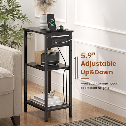 Tall End Table with Fast Charging Station, 3 Tier Narrow Side Table with Outlets and USB Ports & Type-C, Tall Nightstand with Storage, Bedside Table Stand for Living Room, Bedroom, Black