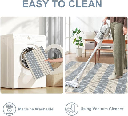 OJIA Outdoor Porch Rug Front Door Mat 24'x51, Washable Checkered Entry Striped Front Door Rug Cotton Woven Kitchen Carpet Small Area Rug for Entryway Patio Bedroom Bathroom (Blue/White/Tan)