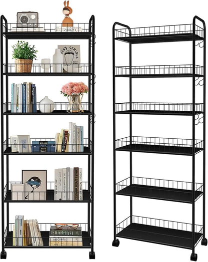 6-Tier Slim Storage Cart with Wheels,10in Wide Black Narrow Rolling Shelf,Sturdy Slim Storage Ideal for Kitchen, Bathroom, and Laundry Room