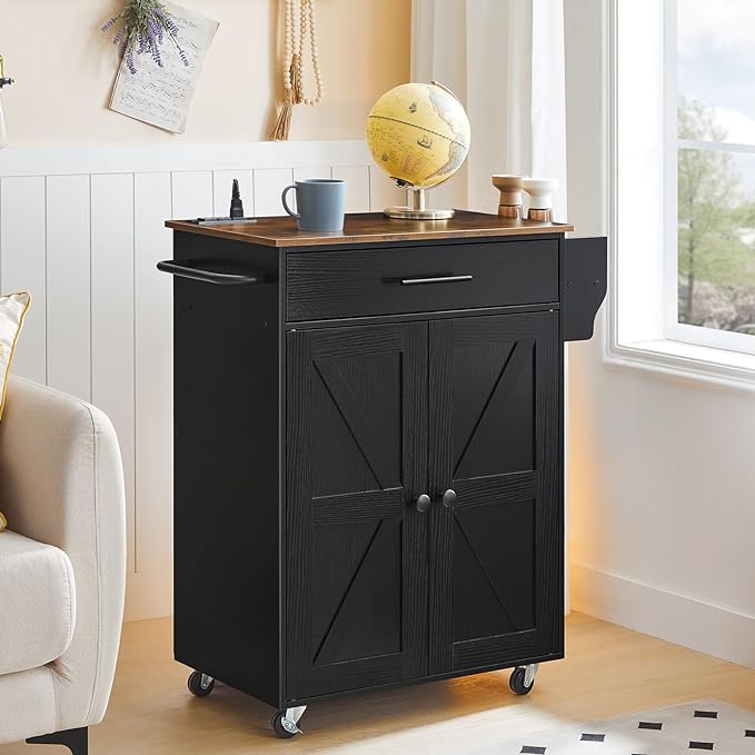 HOOBRO Kitchen Island with Power Outlet, Kitchen Island Storage Island with Large Worktop, Spice Rack and Drawer, Rolling Kitchen Cart on Wheels, for Kitchen and Dining Room, Rustic Brown and Black