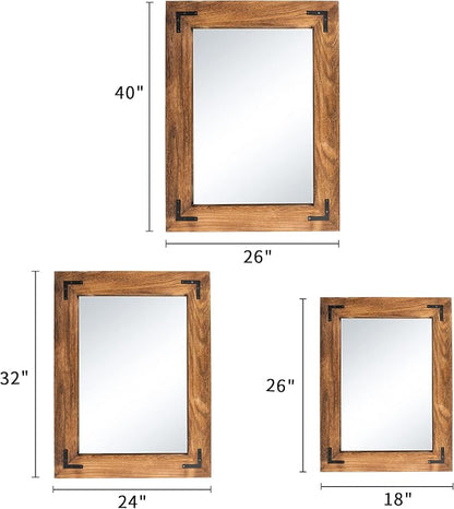 YOSHOOT Rustic Wooden Framed Wall Mirror, Natural Wood Bathroom Vanity Mirror for Farmhouse Decor, Vertical or Horizontal Hanging (26" x 18", Brown)