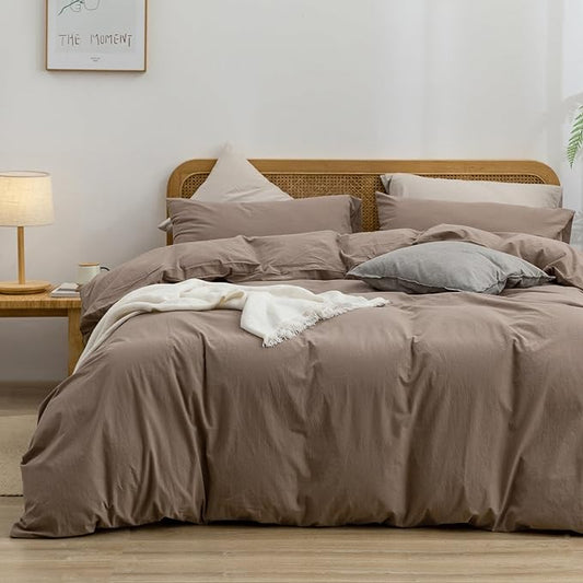 BESTOUCH Duvet Cover Set 100% Washed Cotton Linen Feel Super Soft Comfortable Chic Lightweight 3 PCs Home Bedding Set Solid Pine Bark Brown Full/Double