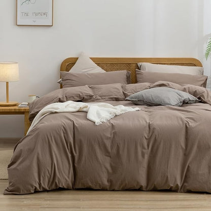 BESTOUCH Duvet Cover Set 100% Washed Cotton Linen Feel Super Soft Comfortable Chic Lightweight 3 PCs Home Bedding Set Solid Pine Bark Brown Oversized Queen