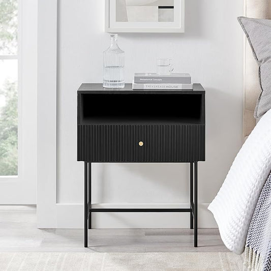 OCANDO Black Night Stand 19" Bedroom Bedside Table, Mid Century Modern Small Nightstand with 1 Fluted Drawer and Storage Shelf, Living Room Slim Sofa Couch Side End Tables Gold Handle
